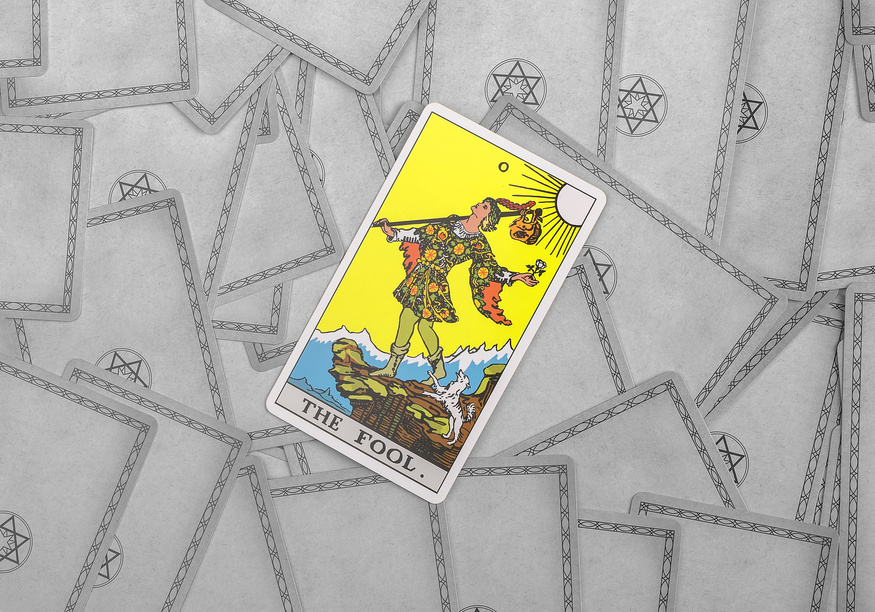 Lodz Poland April 15 2023 Fool, positive good major arcana on tarot cards deck background. Taro divination